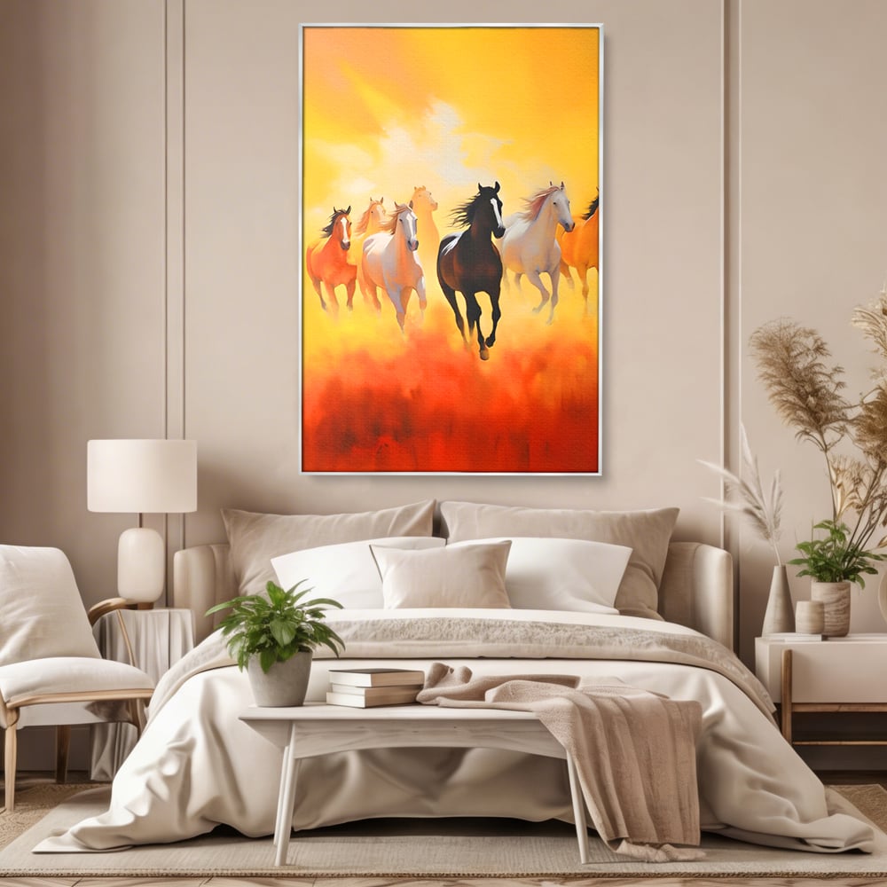 Tablou canvas cu pictura cu cai in galop, in rama de aluminiu argintiu, pe perete intr-un dormitor